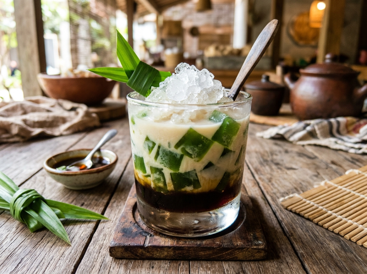 Segelas es cincau hijau segar dengan potongan cincau kenyal, santan gurih, dan sirup gula aren wangi pandan