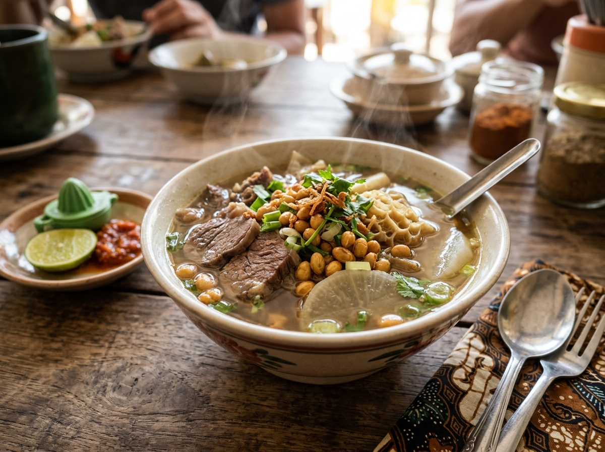 Sajian menu Soto Campur daging empuk dan babat gurih pelengkap santap istimewa