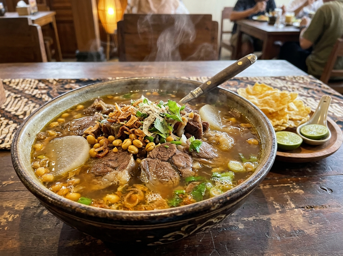 Mangkuk besar porsi keluarga Soto Daging Jumbo penuh dengan irisan daging sapi empuk melimpah dalam kuah kaldu hangat