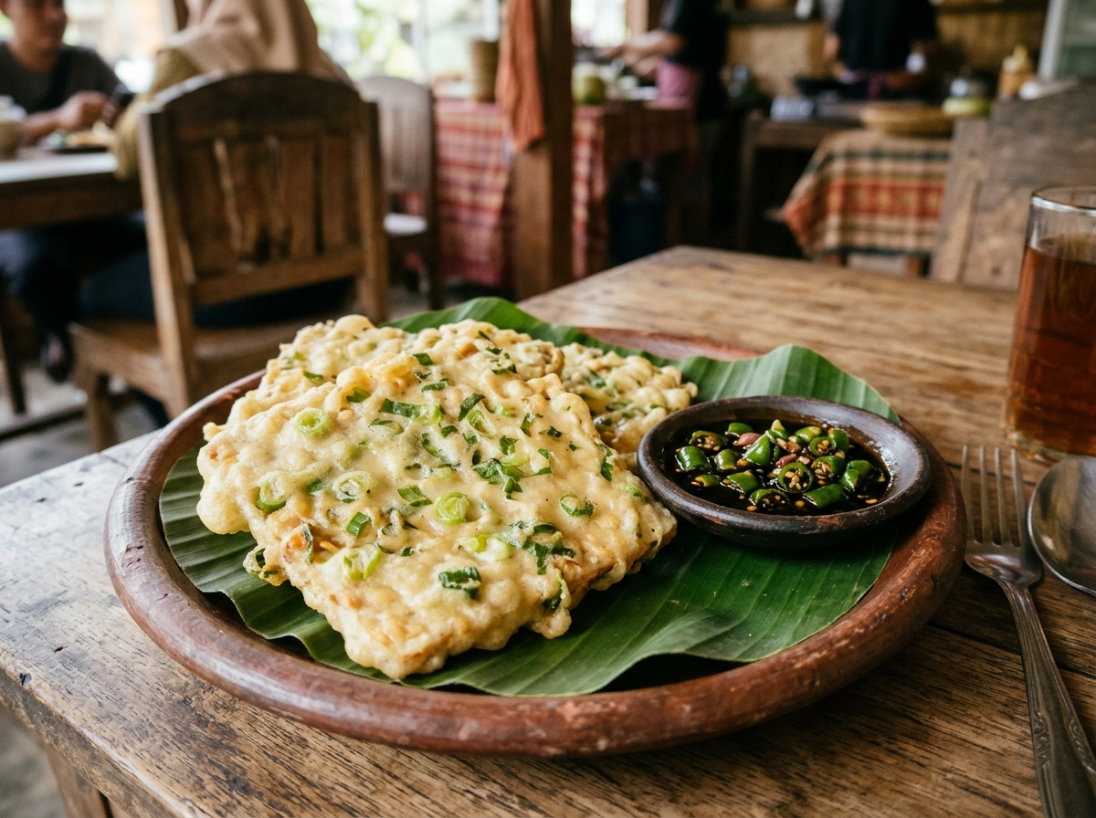 Dua lembar tempe mendoan hangat bertepung gurih daun bawang disajikan beralas daun pisang dengan cocolan sambal kecap cabai rawit